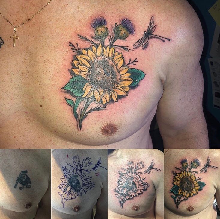 Sunflower Cover Up Chest Tattoo